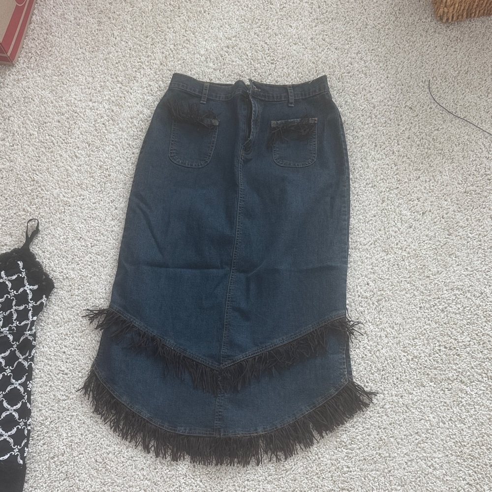 Vintage Crest Dark Blue Denim Midi Skirt with Black Fringe